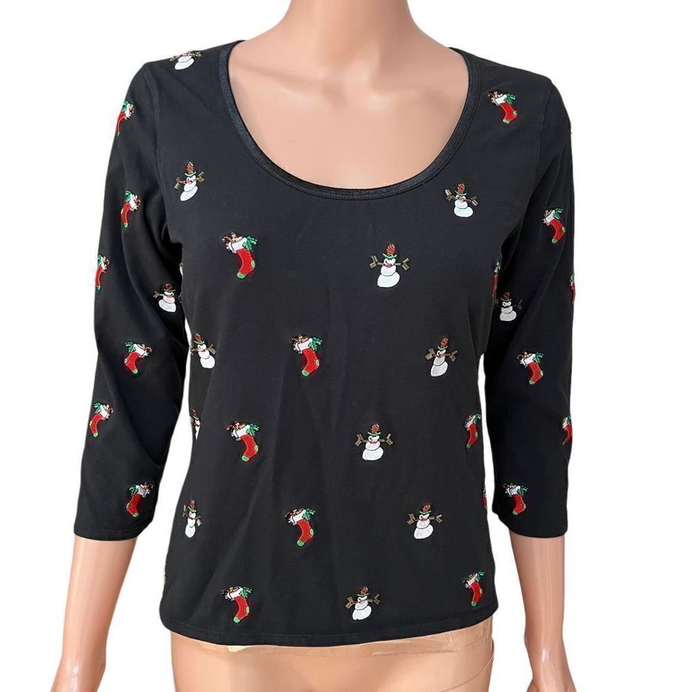 Erin Matthew’s cotton stretch embroidered snowmen beaded Christmas shirt size S